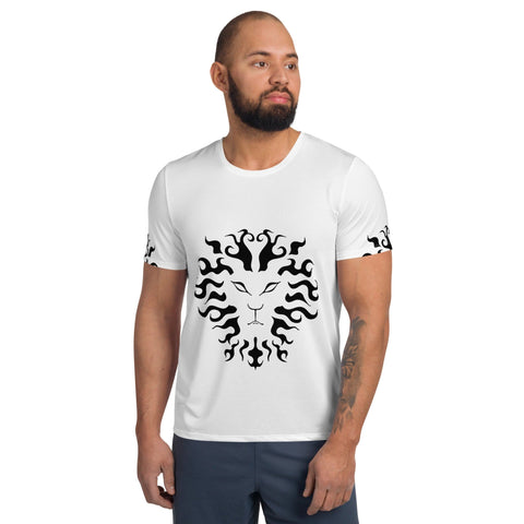 A man with a beard is sporting the Magick "Gym-mad" Men's Athletic T-shirt, which showcases a black, abstract lion face design on a white background. Perfect for fitness enthusiasts, this shirt utilizes moisture management technology and features similar designs on the sleeves as he gazes to the side with a neutral expression.