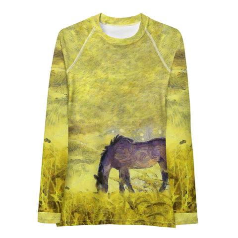 Introducing the "My Kind of Day" Women's Rash Guard by Magick—a long-sleeved shirt showcasing a purple horse peacefully grazing in a dreamy, textured field of yellow and green. Made with four-way stretch fabric, it blends painterly style with abstract, swirling patterns for a whimsical and artistic vibe while providing UPF 50+ protection.