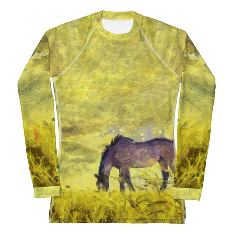 Introducing the "My Kind of Day" Women's Rash Guard by Magick: a long-sleeved rash guard adorned with an artistic depiction of a horse grazing in a vibrant yellow field. Made from four-way stretch fabric, it ensures both comfort and flexibility. The design features a swirling, textured backdrop reminiscent of a painted landscape and provides UPF 50+ protection for sunny days.