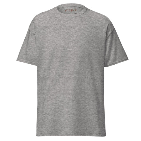 The "Gallop" Men's Classic Tee by Magick is a plain gray, short-sleeve cotton shirt on a white background. It features "magick" text inside the collar and offers a simple, trendy design for fashion staples seekers.