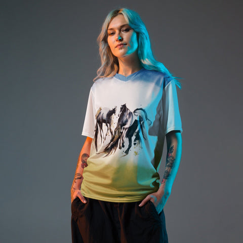 An individual with long, light hair stands confidently, wearing the "Life is Playground" Recycled unisex sports jersey by magickwear, which features a gradient design and an artistic print of running horses. The jersey showcases their visible arm tattoos as they rest their hands in their pockets. The neutral background is softly illuminated with subtle colored lighting.
