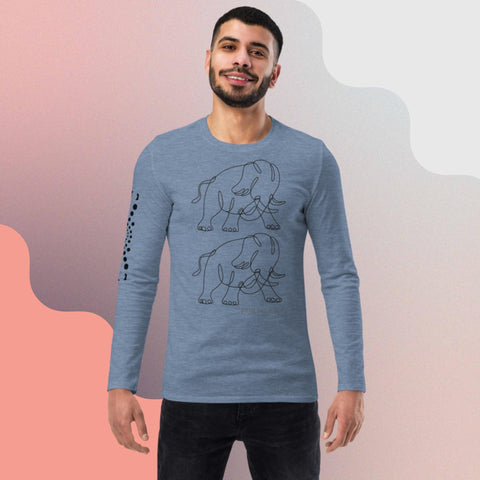 A smiling man with short hair is wearing the "Carry On" Unisex fashion long-sleeve shirt by magickwear, which features a line drawing of two elephants on the front. This eco-friendly shirt also has a pattern of dots along one sleeve and boasts a gradient background of light pink and gray hues.