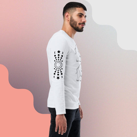 A bearded man stands in profile, wearing the "Carry On" Unisex fashion long sleeve shirt by magickwear. The white shirt features an abstract design of circles and stars on the sleeves with an animal illustration on the front. This versatile piece of clothing is set against a gradient background of peach and light gray with wavy borders.