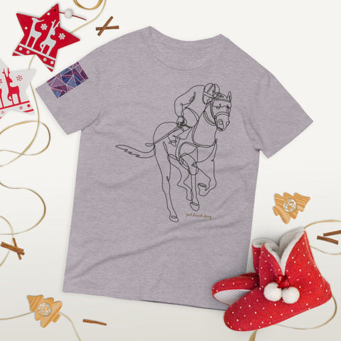 The "Keep Going" Short-Sleeve T-Shirt by magickwear, made from 100% ring-spun cotton, showcases a minimalist line drawing of a person on horseback. Accented with festive elements such as red stars and knitted baby booties, this tee offers both comfort and style, making it an ideal holiday choice.