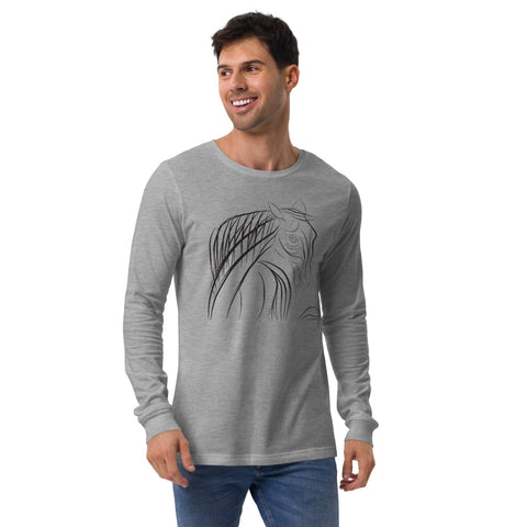 A smiling man wears the versatile magickwear "Spirit" Unisex Long Sleeve Tee, made from combed and ring-spun cotton, showcasing a black line drawing of a horse on the front. He has paired it with blue jeans and is standing against a plain white background.
