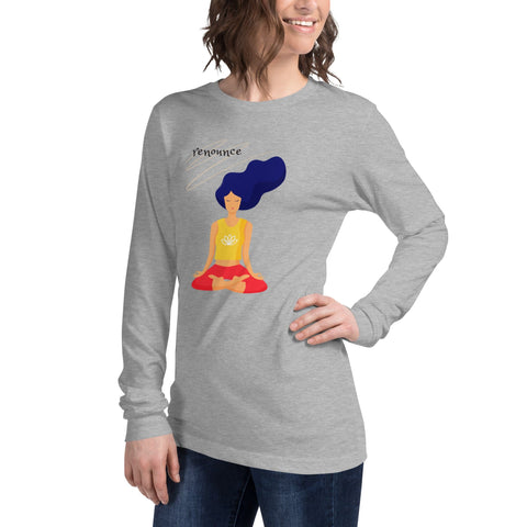 A person smiles while modeling the comfortable and durable gray "Renounce" Ladies' Tee by magickwear. The long-sleeve shirt features an illustration of a woman with blue hair sitting cross-legged in a yoga pose, with the word "renounce" written above. Adding to the stylish look, the person places their hand on their hip.