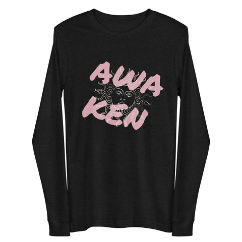 Introducing the "Awaken" Unisex Long Sleeve Lettering Tee by magickwear. This tee showcases "AWAKEN" in vibrant pink, bold lettering over soft combed cotton. The design includes a stylized face with flowing lines that evoke sun rays, combining fashionable typography with comfort for an eye-catching ensemble.