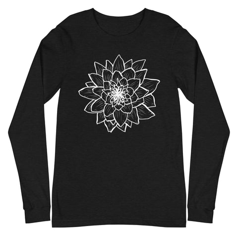 A versatile wardrobe addition, the "Thrive" Unisex Long Sleeve Tee from magickwear is crafted from 100% combed and ring-spun cotton. It features a detailed white line drawing of a large, symmetrical flower with numerous overlapping petals arranged in a circular pattern on the front.