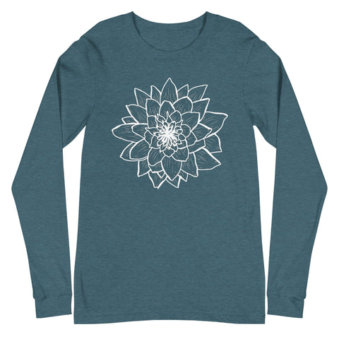 A versatile wardrobe addition, the "Thrive" Unisex Long Sleeve Tee by magickwear features a teal color with an intricate white flower design centered on the chest. The flower has multiple layered petals, creating a detailed and symmetrical pattern, all crafted from 100% combed and ring-spun cotton for ultimate comfort.