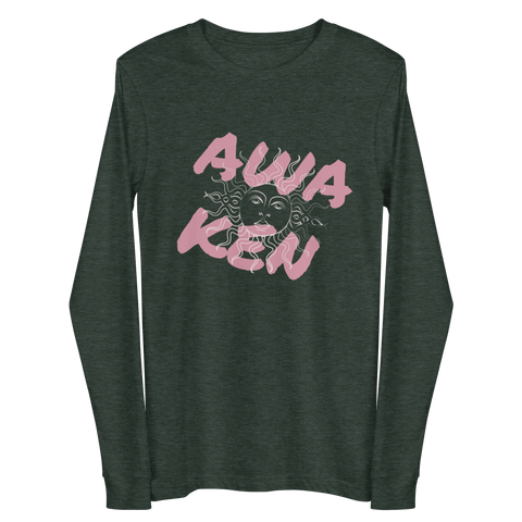 The "Awaken" Unisex Long Sleeve Lettering Tee by magickwear is available in dark gray, made from high-quality combed cotton. It showcases a pink "AWAKEN" graphic with elegant lettering and a stylized sun design featuring a face in the center.