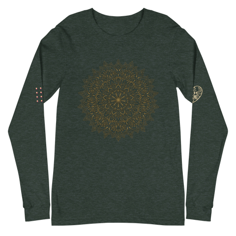 The magickwear "Mystic" Tee is a dark green long-sleeve shirt with a golden mandala on the chest, red and white dot patterns on the right sleeve, and a crescent moon with floral details on the left. Ideal for unisex wear.