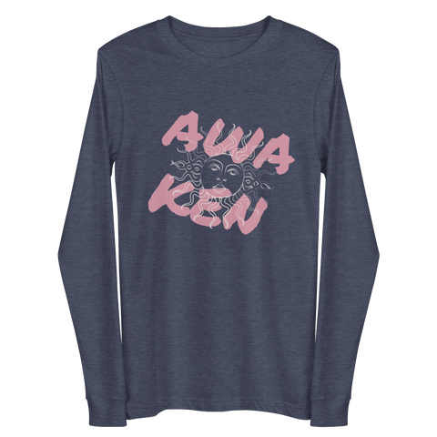 The "Awaken" Unisex Long Sleeve Lettering Tee by magickwear in dark blue showcases stylish lettering alongside a stylized sun graphic, highlighted by pink wavy text that spells "AWAKEN." Crafted from soft combed cotton, it offers the ideal blend of comfort and style for everyone.