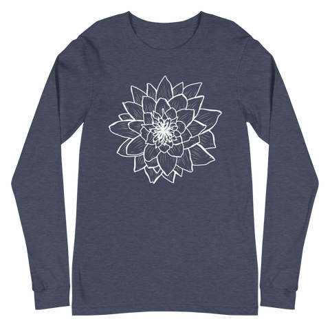 The "Thrive" Unisex Long Sleeve Tee by magickwear is a navy blue shirt featuring a large, intricate white flower design centered on the chest. Crafted from 100% combed and ring-spun cotton, this tee showcases multiple overlapping petals in a detailed, artistic style, making it a versatile addition to any wardrobe.