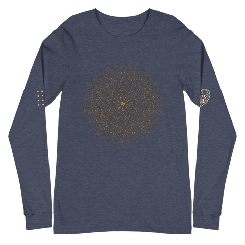 The magickwear "Mystic" Tee in navy blue boasts a gold mandala center, white and red dots on the right sleeve, and an ornate circular emblem on the left. This unisex long-sleeve tee is ideal for those who love artistic detail.