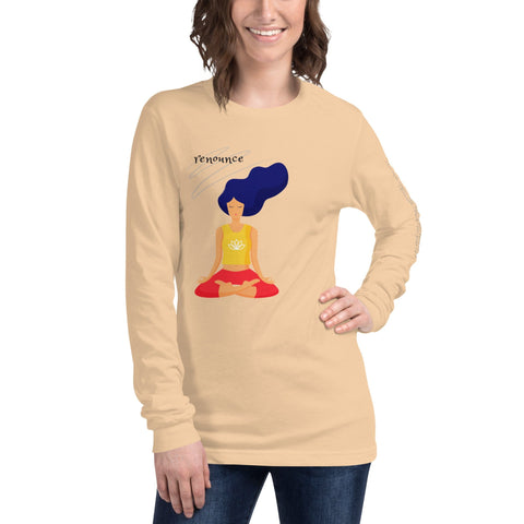 A smiling person with shoulder-length brown hair is wearing magickwear's "Renounce" Ladies' Tee. This comfortable and durable shirt features an illustration of a woman with blue hair meditating in a lotus position, with the word "renounce" written above. A stylish addition to any wardrobe, it pairs effortlessly with any outfit. One hand rests on their hip.
