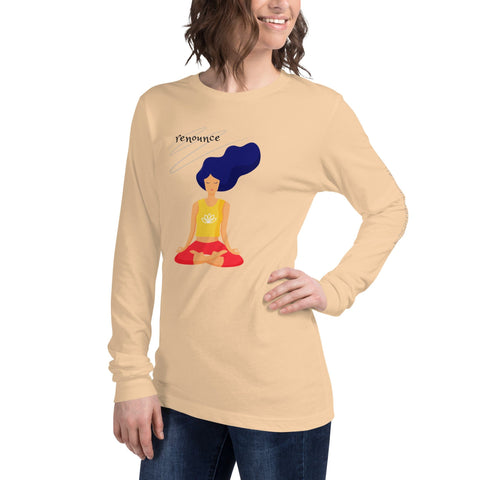 A person with shoulder-length brown hair is wearing the chic "Renounce" Ladies' Tee by magickwear. This fashionable and durable beige long-sleeve shirt features a meditative woman with long blue hair in a yellow top, with the word "renounce" printed above the image, making it a stylish addition to any wardrobe.
