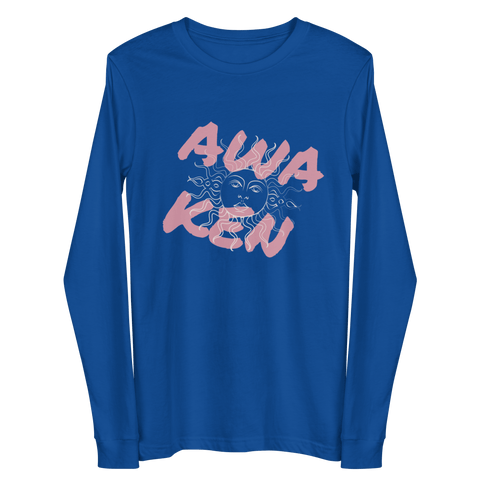 The "Awaken" Unisex Long Sleeve Lettering Tee by magickwear is crafted from combed cotton and features stylish lettering with a pink stylized sun design and the word "AWAKEN" boldly displayed across the front in blue.