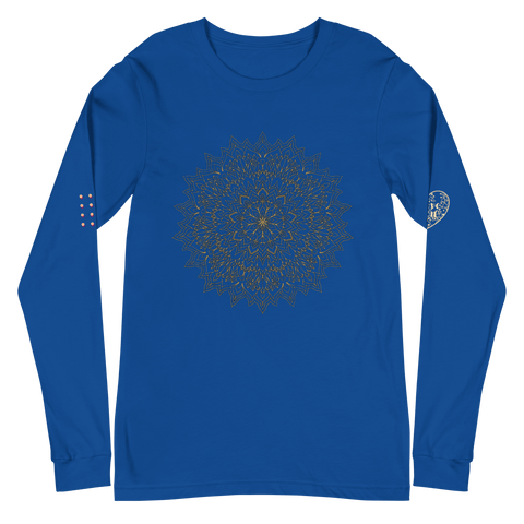 The "Mystic" Tee by magickwear is a blue long-sleeve, unisex shirt with a central mandala design. The right sleeve has a dot pattern, and the left features a floral fabric patch, combining artistry with versatility.