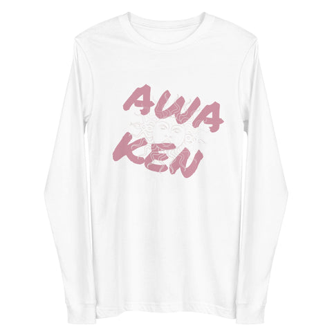 Introducing the magickwear "Awaken" Unisex Long Sleeve Lettering Tee, a stylish piece crafted from combed cotton. It features the word "AWAKEN" in large, stylized pink letters, complemented by a subtle graphic of a sun with a face for an added touch of whimsy.