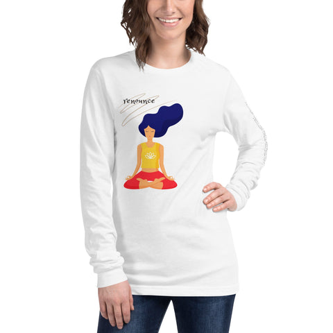 A person with shoulder-length brown hair wears the magickwear "Renounce" Ladies' Tee, which showcases an illustration of a woman with blue hair sitting cross-legged in a meditative pose. The shirt is both comfortable and durable, featuring the word "renounce" as a stylish addition.