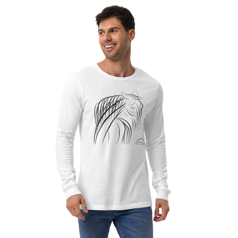 Wearing a versatile "Spirit" Unisex Long Sleeve Tee by magickwear, crafted from combed and ring-spun cotton, a person smiles warmly. The shirt showcases a black abstract horse design and is perfectly paired with blue jeans as they stand against a plain white background.