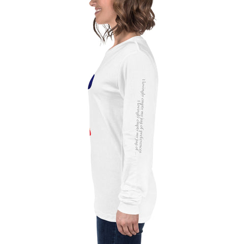 A person with shoulder-length brown hair is shown in profile wearing a stylish, comfortable, and durable "Renounce" Ladies' Tee from magickwear. The shirt features a design on the chest and text running down the right sleeve. The person is smiling and standing against a plain white background.