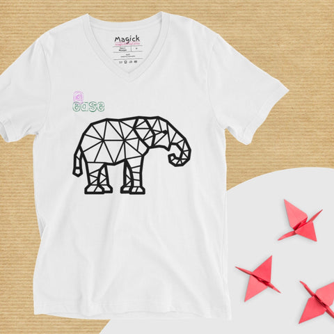 The "At Ease" Unisex Short Sleeve V-Neck T-Shirt by magickwear is crafted from combed cotton and showcases a geometric elephant design with the word "ease" in pastel letters. It features fashion-forward elements such as three red origami cranes on a light surface, all against a textured brown background.