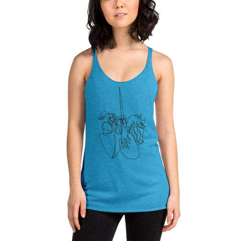 A woman wearing the "Girl Powering" Women's Racerback Tank by magickwear, which features a black outline drawing of a knight and a horse on the front. She has dark, wavy hair and is posing against a plain white background. The tank top has a scoop neck, relaxed fit, and exudes powerful feminine vibes.